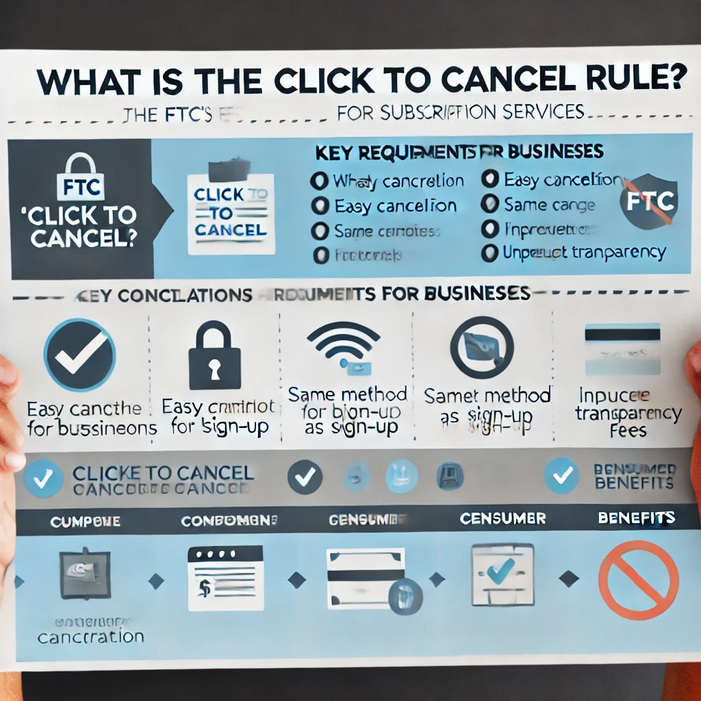 Infographic explaining the FTC's Click to Cancel rule, covering its purpose, requirements for businesses, and consumer benefits, with icons for ease of understanding.